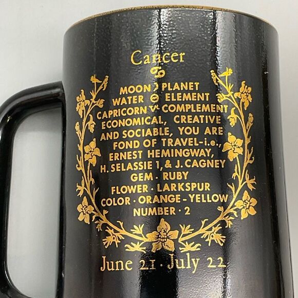 Cancer Zodiac Vintage Coffee Tea Stein Mug Federal Glass Black Gold - Picture 8 of 10